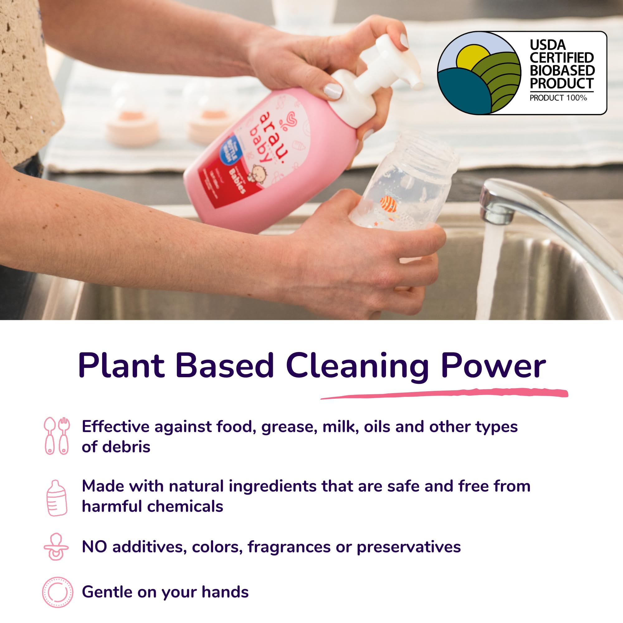 Arau Baby Foam Bottle Wash bottles scene emphasizing safety and hypoallergenic formula.