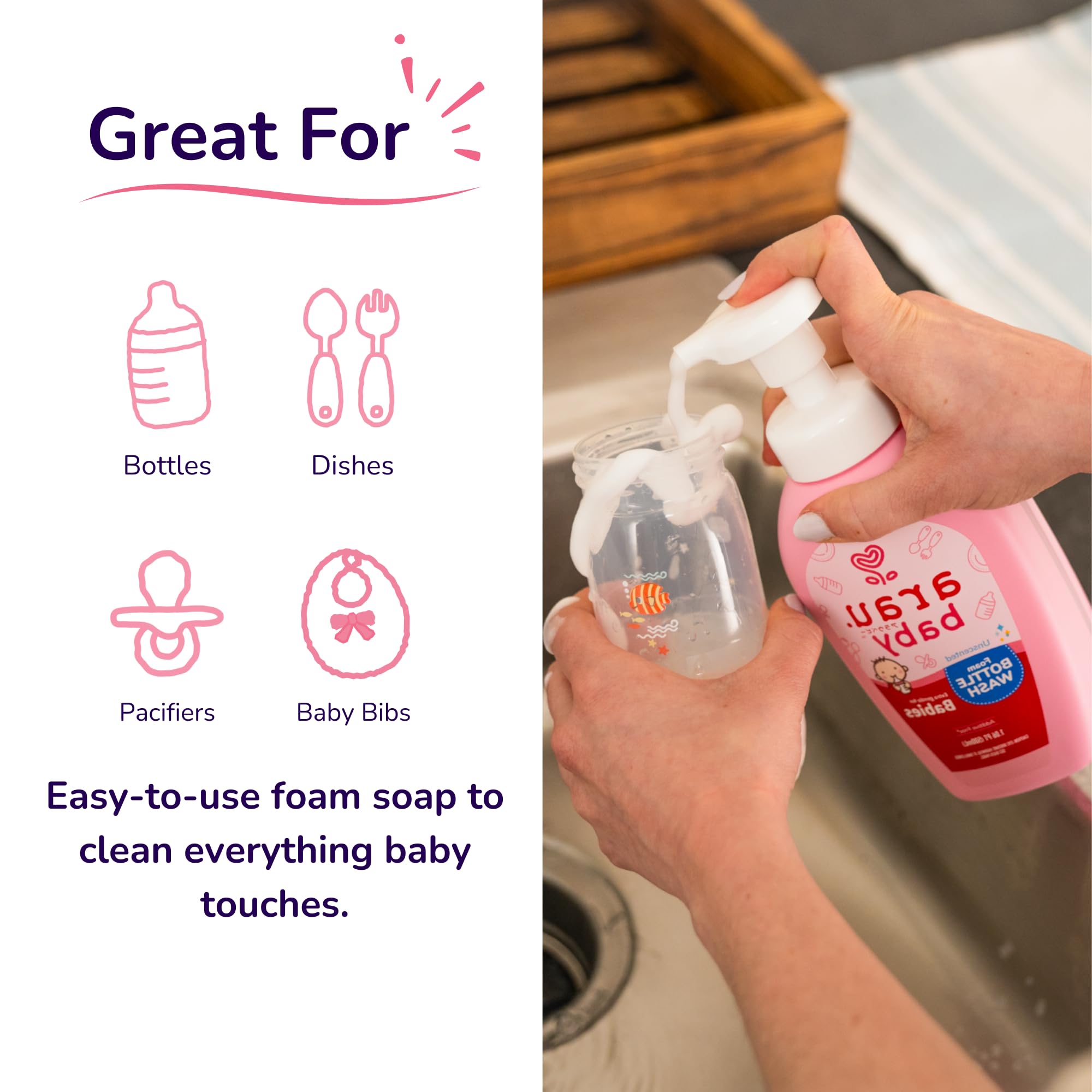 Arau Baby Foam Bottle Wash demonstrates versatile cleaning on dirty surfaces.
