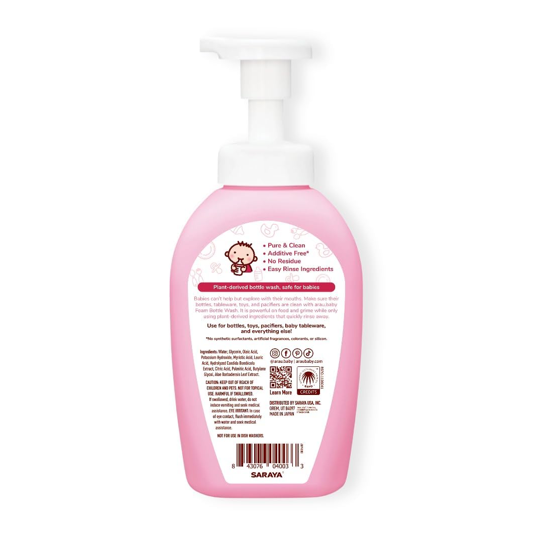 Arau Baby Foam Bottle Wash foamy action highlighted for quick, gentle bottle cleaning.