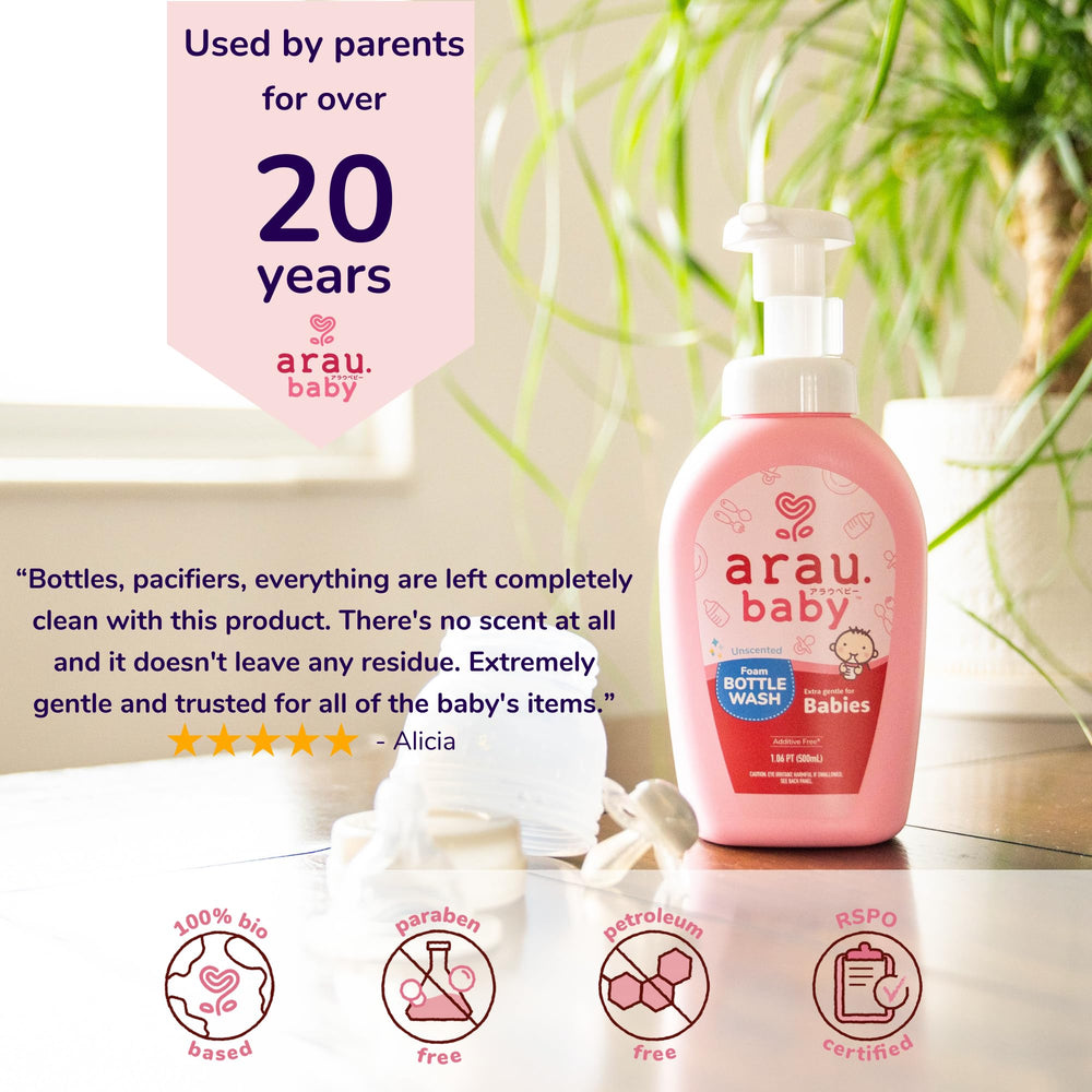 Arau Baby Foam Bottle Wash toys being cleaned to keep playtime hygienic.