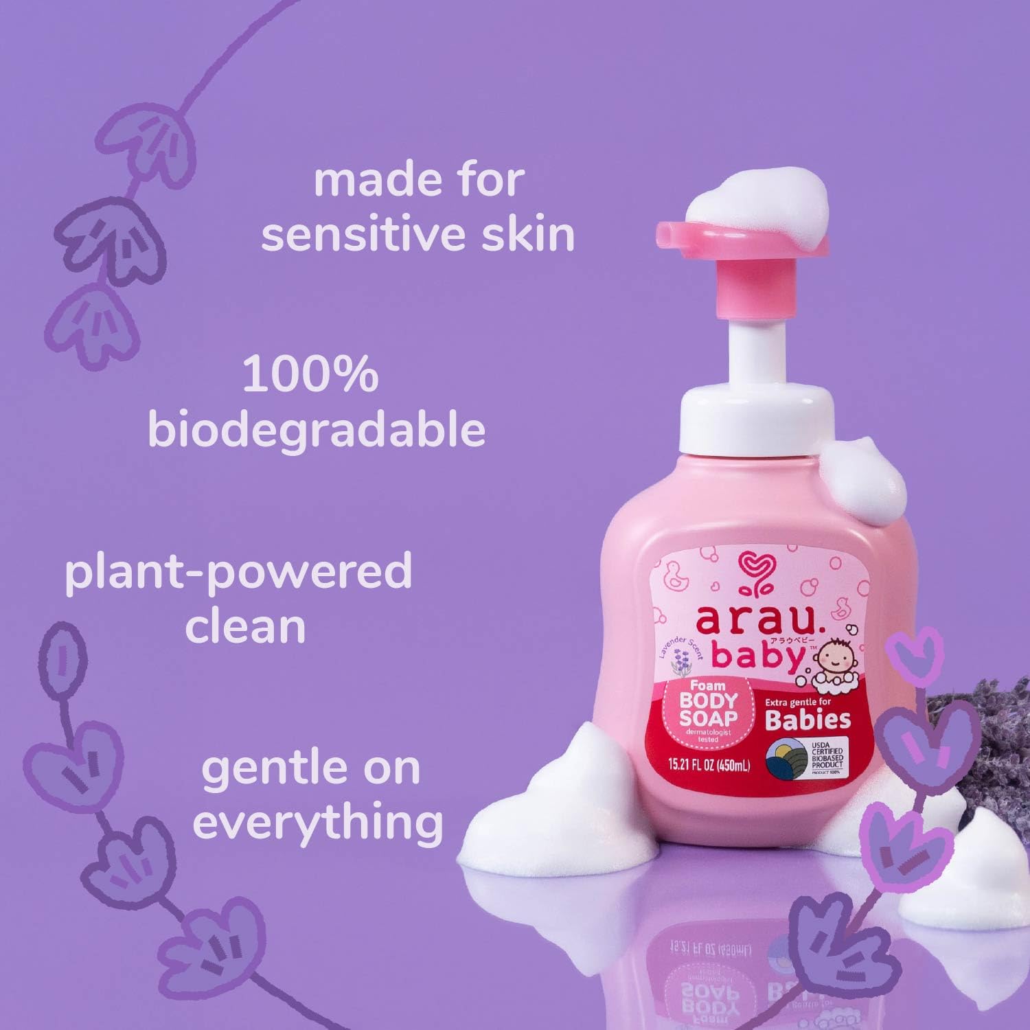 Arau Baby plant-based ingredients label highlighting a clean, artificial-fragrance-free formula.