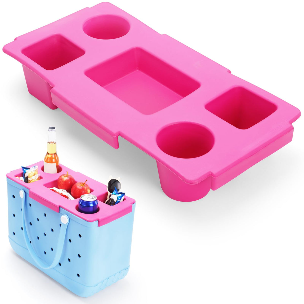 Arbergarden topper tray on X-Large Bogg Bag pink creates a portable beach surface for essentials.