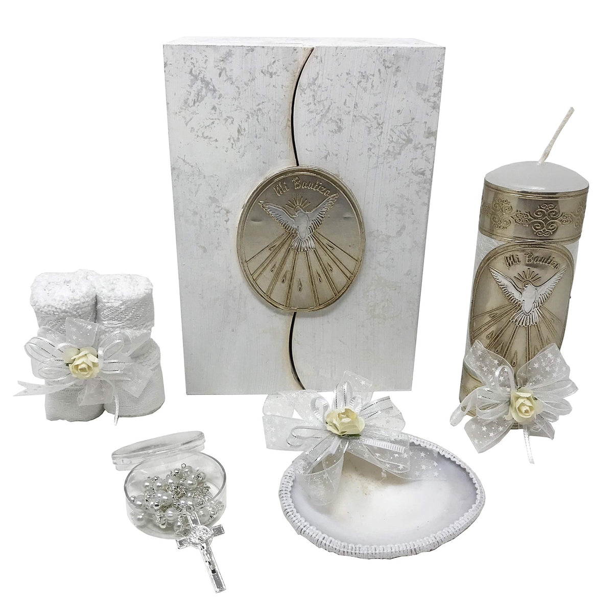 Arcangeles Mexicanos baptism box front shows handcrafted wooden keepsake.