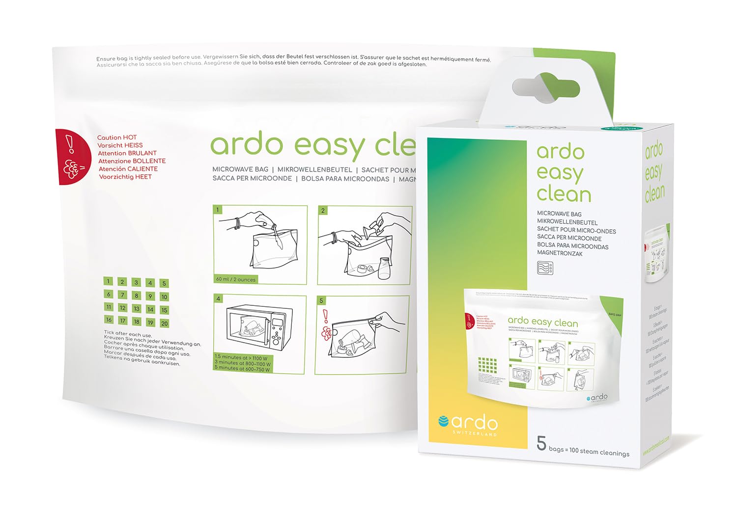 ARDO Easy Clean bags in packaging for quick microwave sterilization.