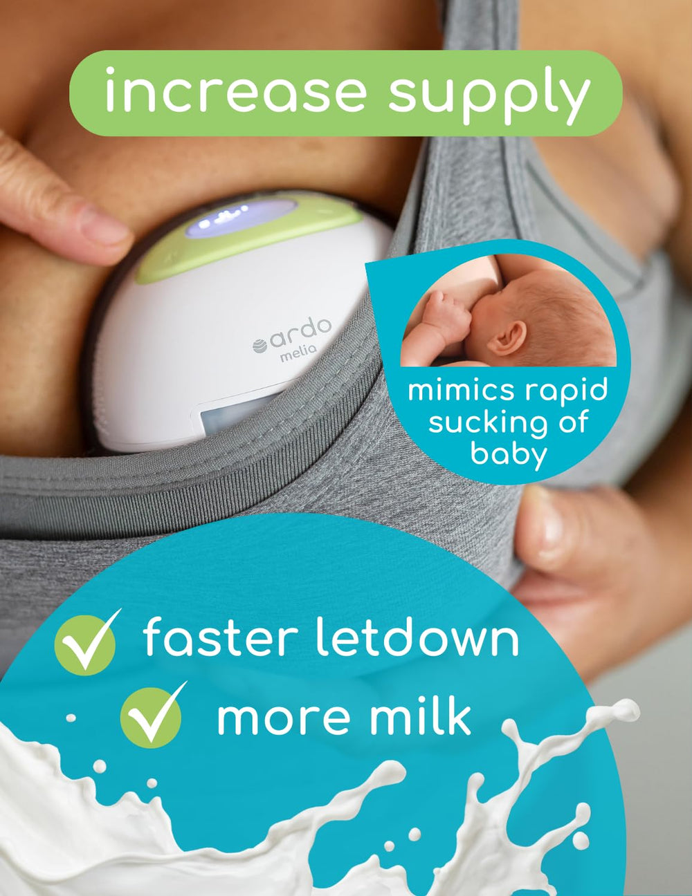Ardo Melia massage mode close-up – stimulates a comfortable letdown for efficient sessions.