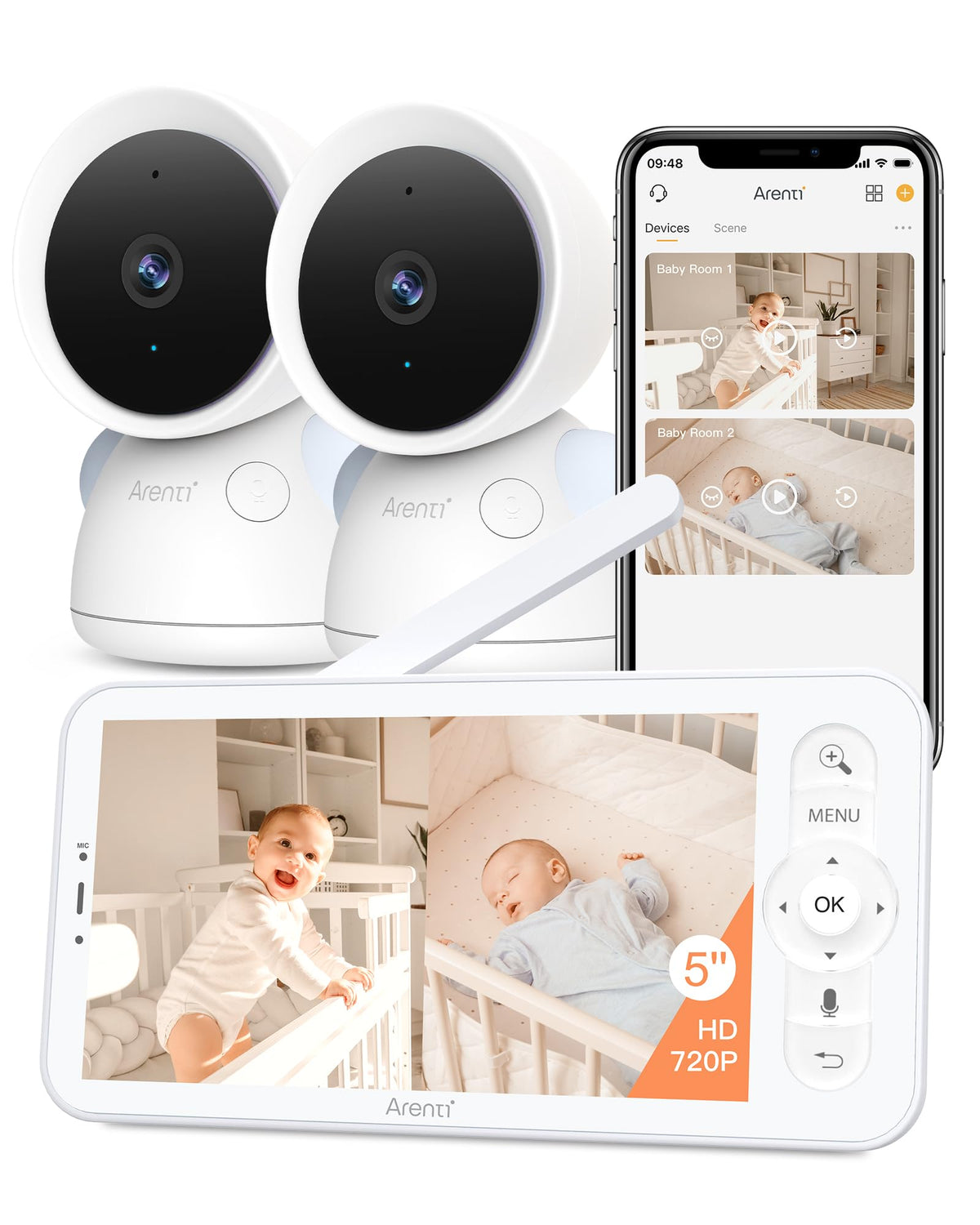 ARENTI baby monitor 2-cameras front view with crisp 2K footage for reliable monitoring.