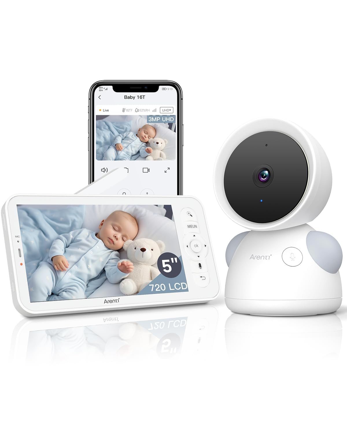 ARENTI Baby Monitor 2K camera closeup for crisp, reliable monitoring.