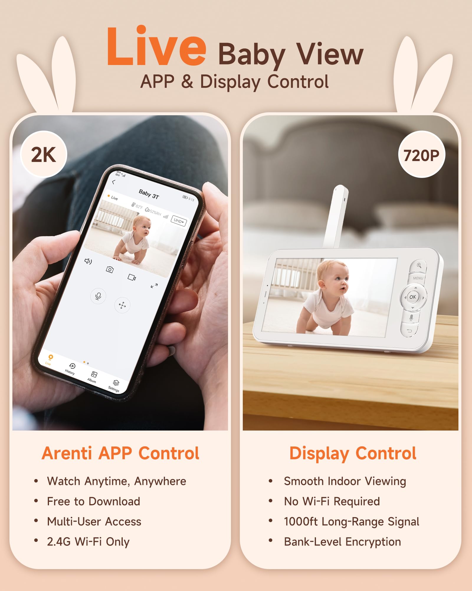 ARENTI baby monitor 2K remote viewing shows fine details of your little one.