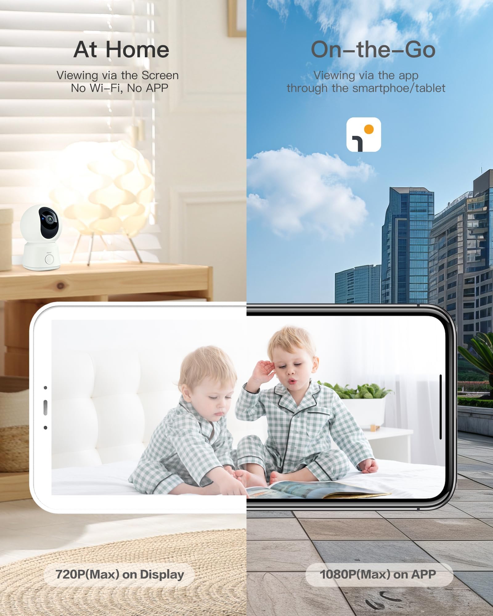 ARENTI Baby Monitor 360 view enables full-room monitoring from the app or LCD.