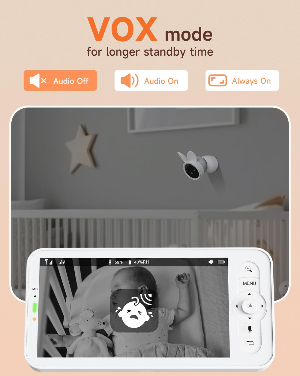 ARENTI baby monitor 5-inch display delivers crisp color visuals in nursery settings.