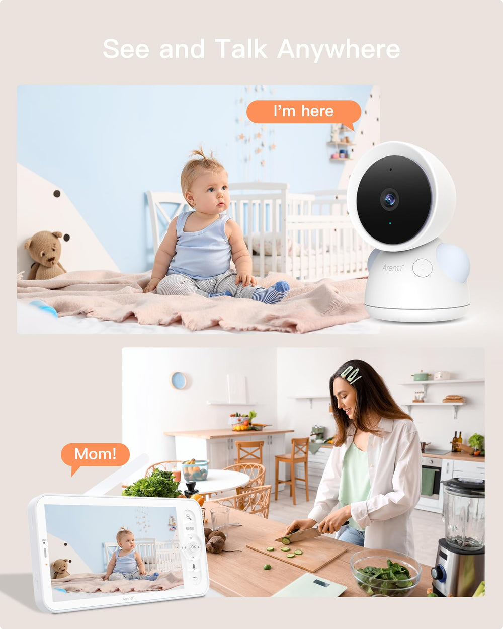ARENTI baby monitor auto-tracking follows movement for hands-free vigilance.