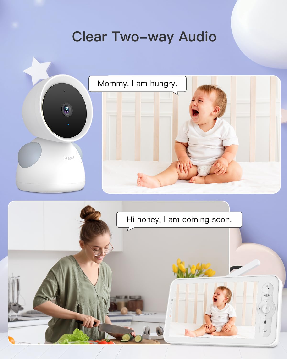 ARENTI baby monitor night vision delivers clear footage in low light.