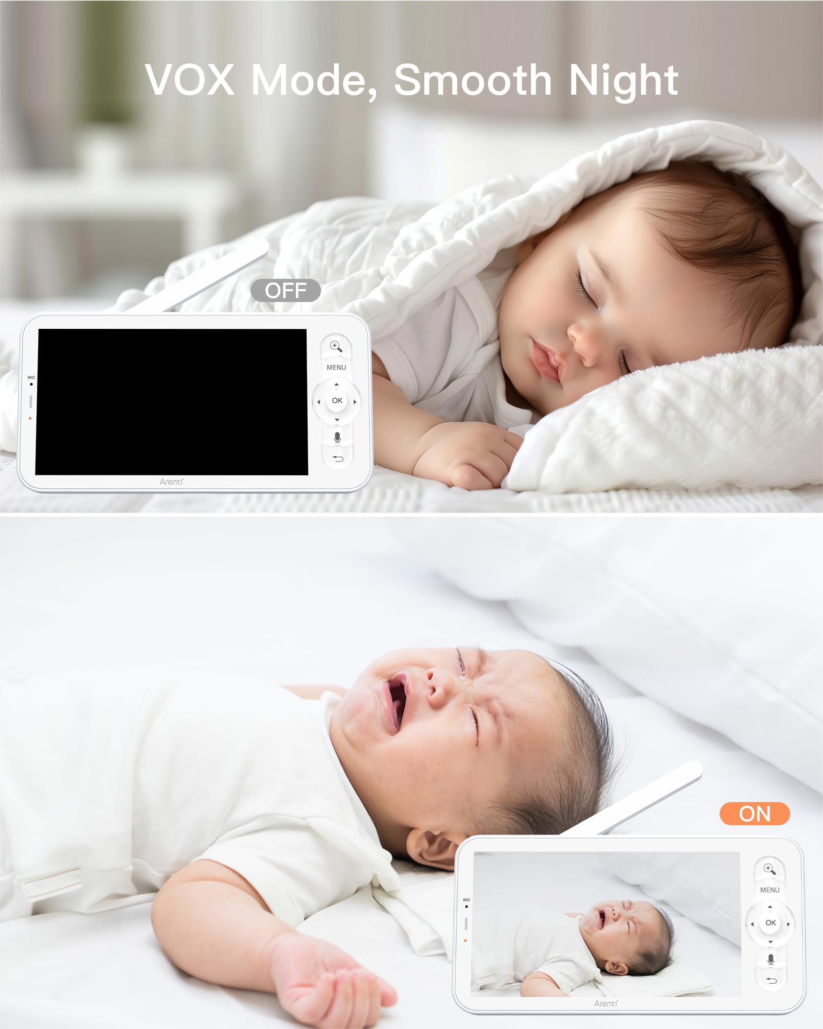 AREN TI baby monitor temp-humidity-sensor shows room conditions for comfort. 