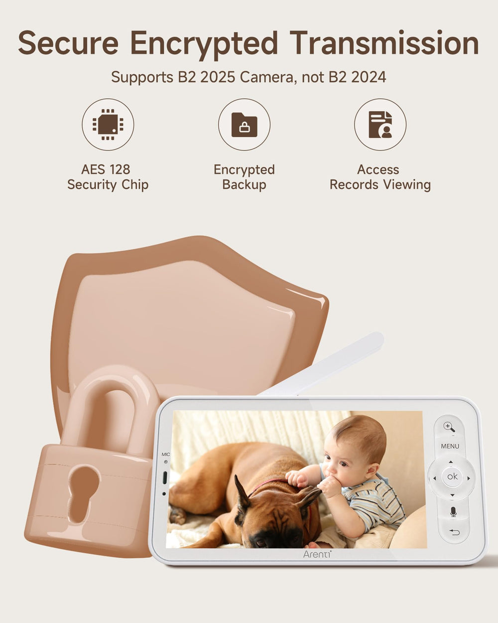 ARENTI parent unit with B2 camera Screen2 usage showcasing wireless viewing