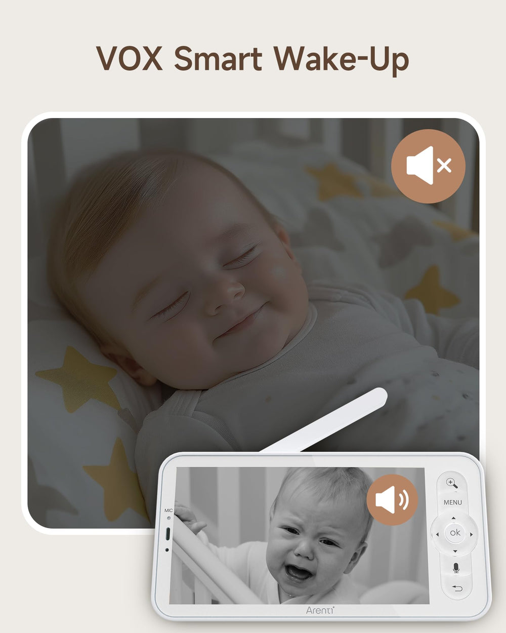 ARENTI portable monitor on a nightstand for convenient baby watching