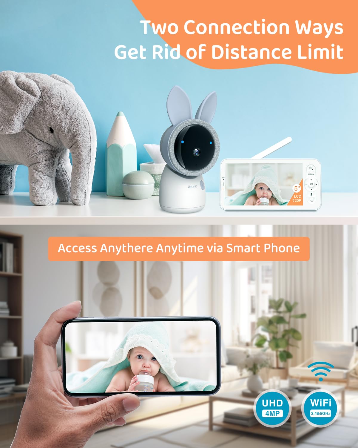 ARENTI upgraded baby monitor 4MP resolution for crisp live video.