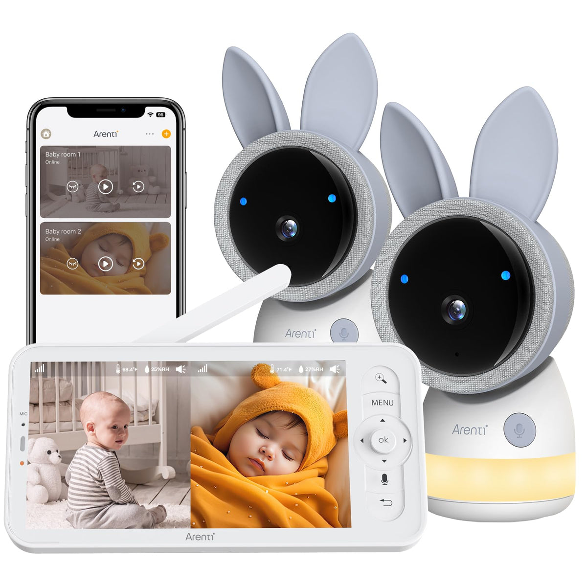ARENTI upgraded baby monitor dual-camera included for two-room monitoring.