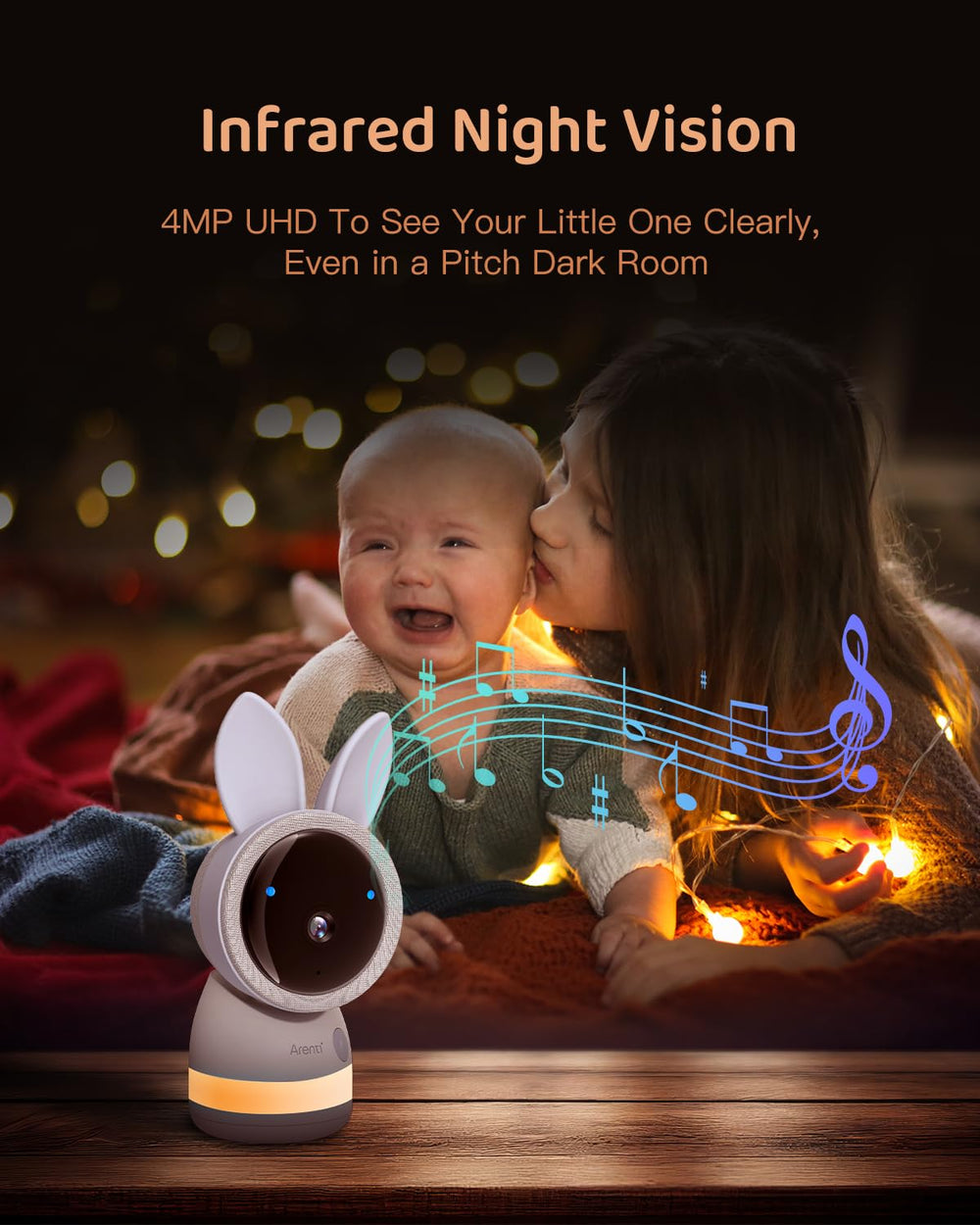 ARENTI upgraded baby monitor infrared night vision provides clear view in dark rooms.