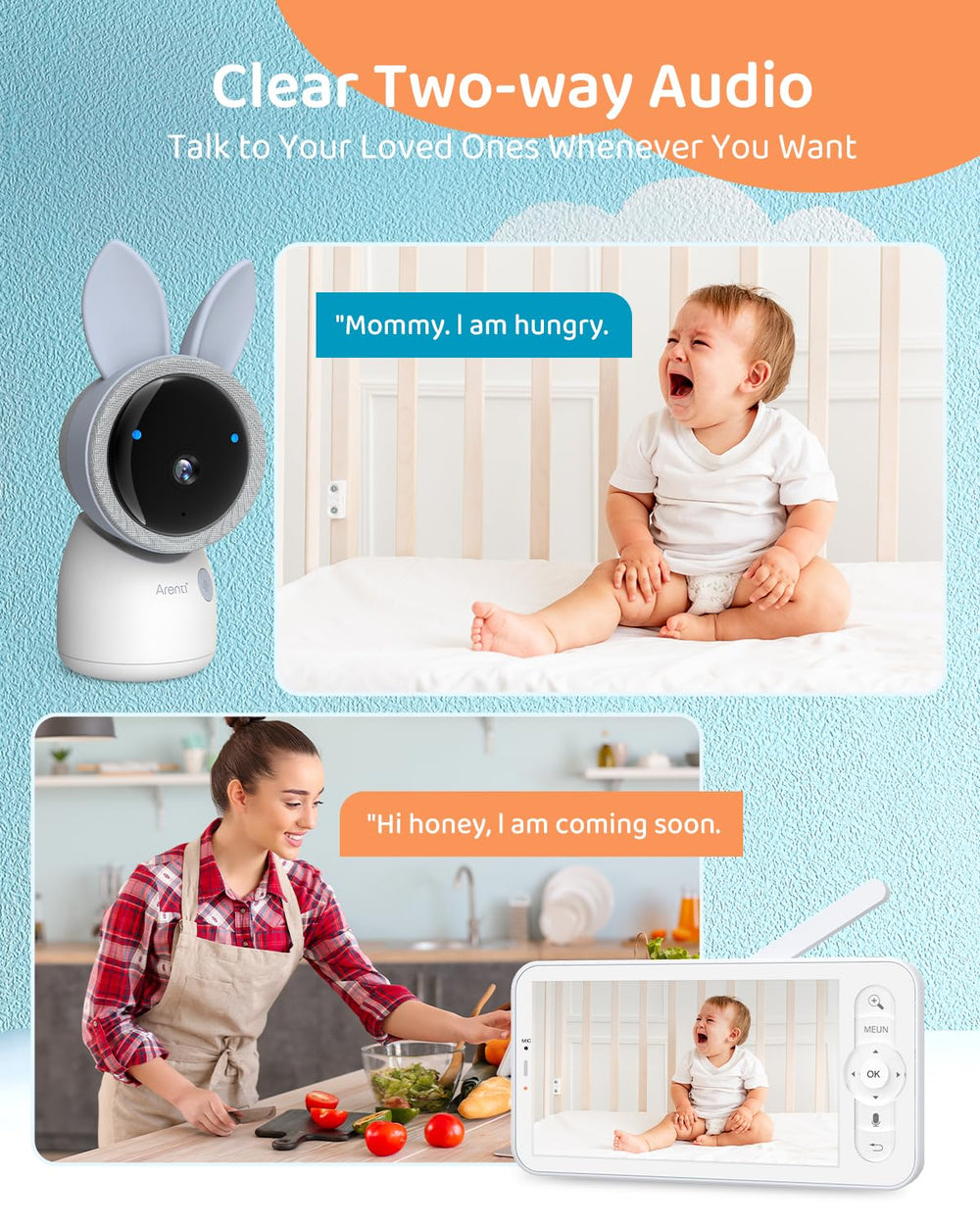 ARENTI upgraded baby monitor split-screen view shows two feeds simultaneously.