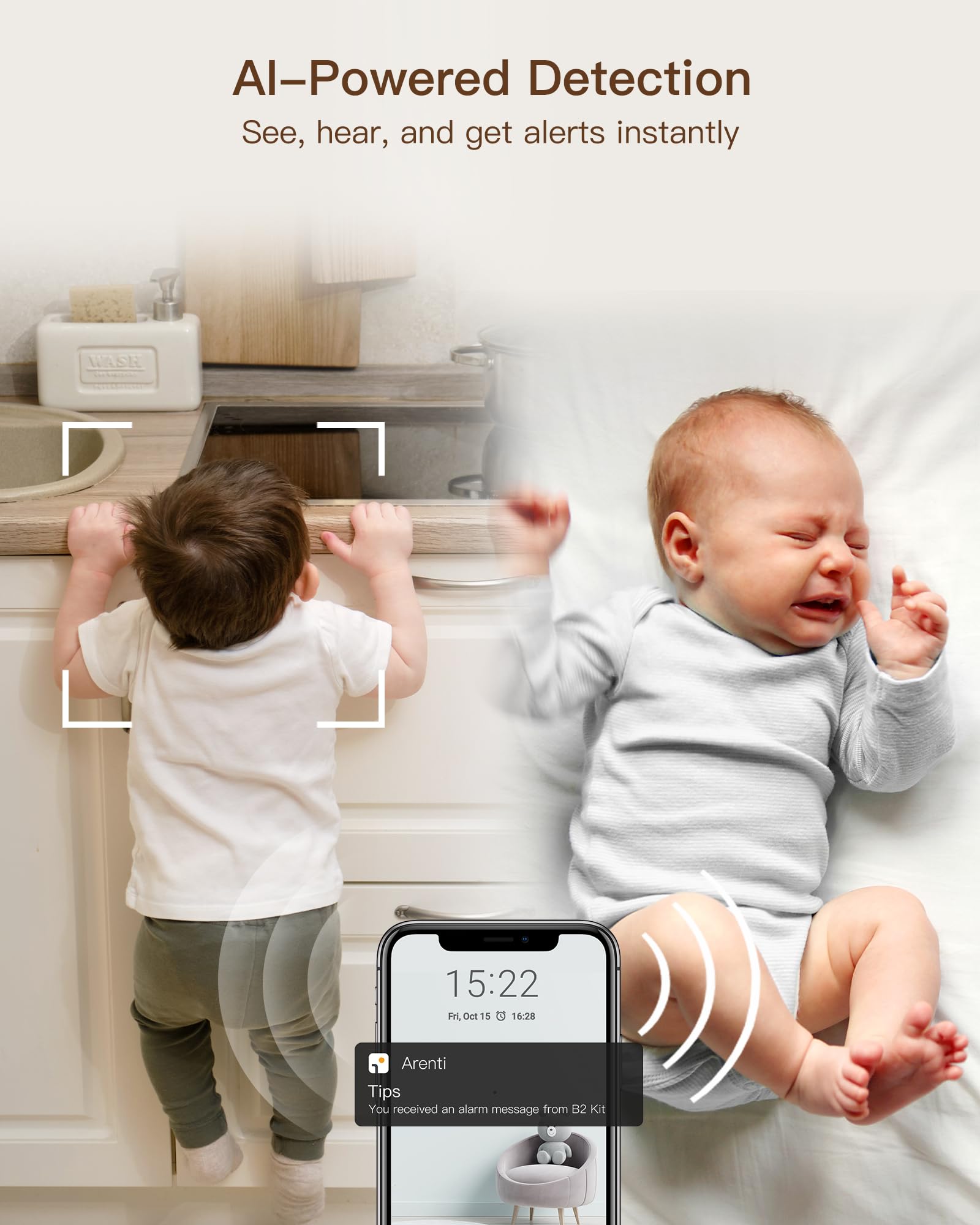ARENTI WiFi baby camera monitor night-vision provides clear baby view in the dark.