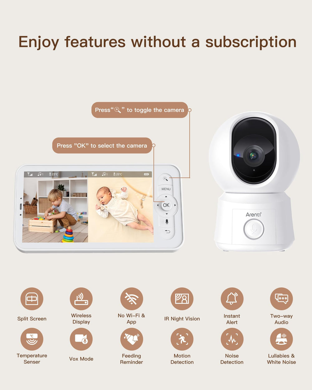 ARENTI WiFi baby camera monitor temperature sensor for room condition monitoring.