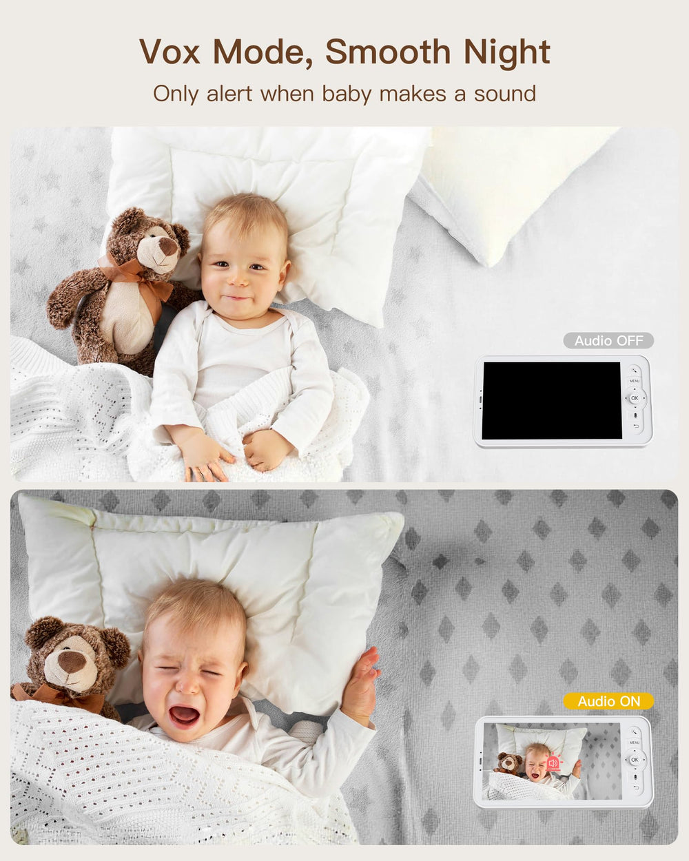 ARENTI WiFi baby camera monitor two-way audio enables talk-back and soothing interaction.