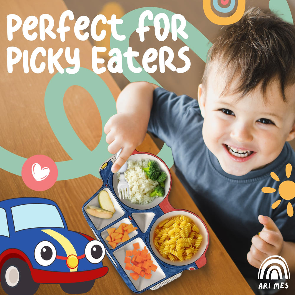 ARI MES divided car plate closeup highlights durable, shatter-resistant construction for everyday toddler meals