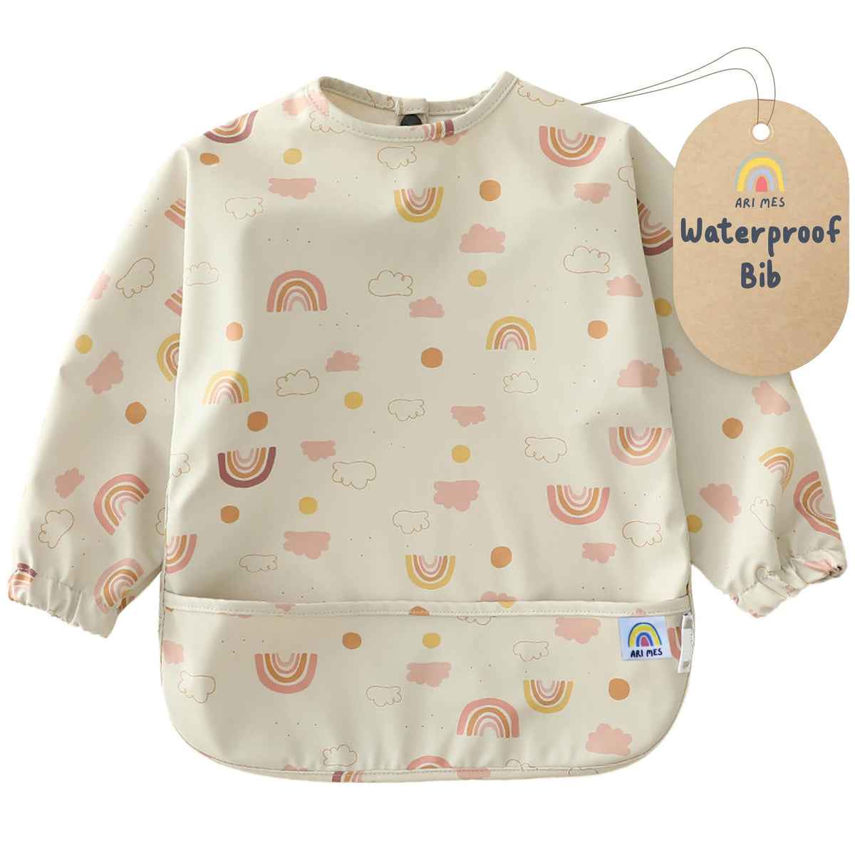 ARI MES rainbow bib front view with full-coverage sleeve protection for messy meals