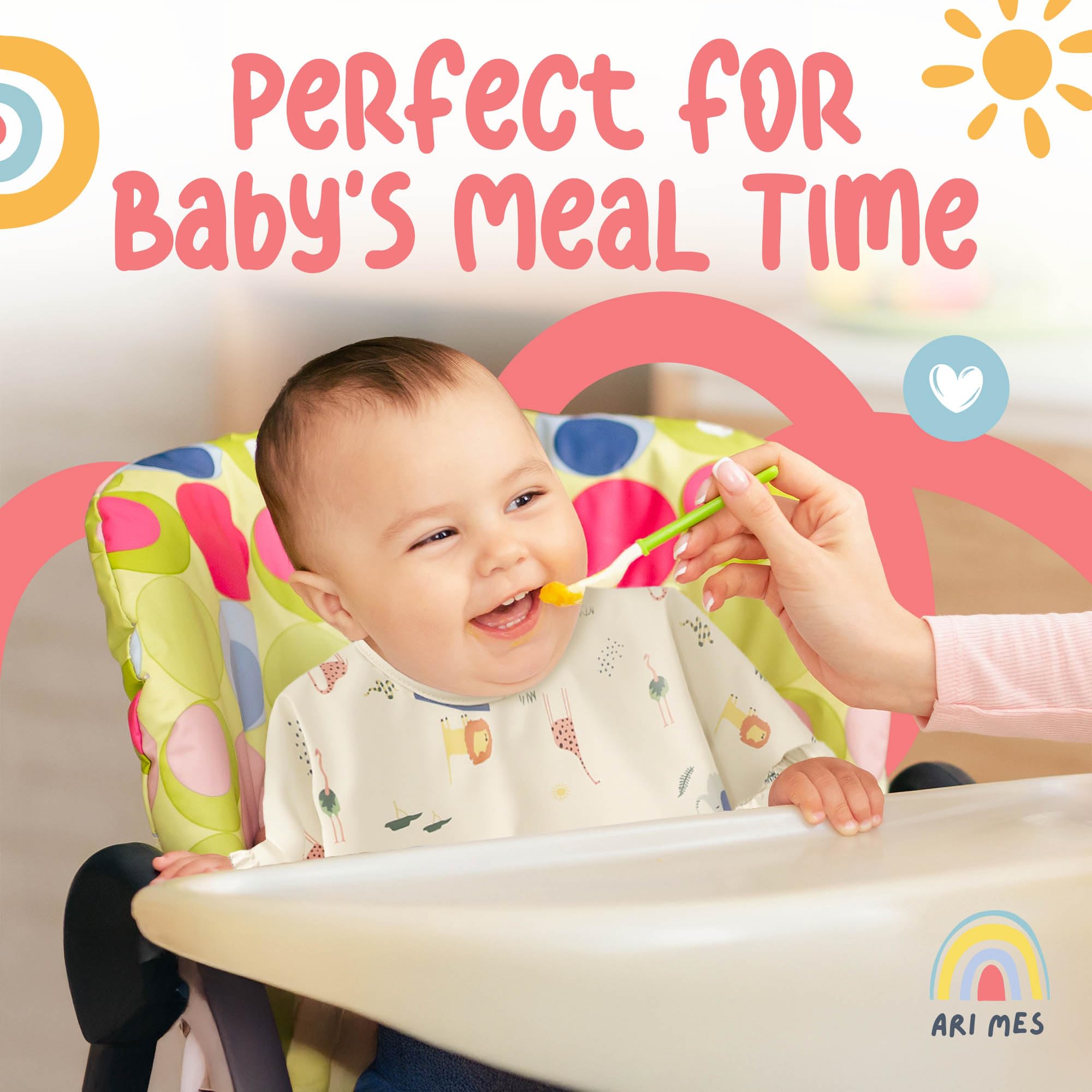 ARI MES rainbow bib side view highlights adjustable fit for growing toddlers