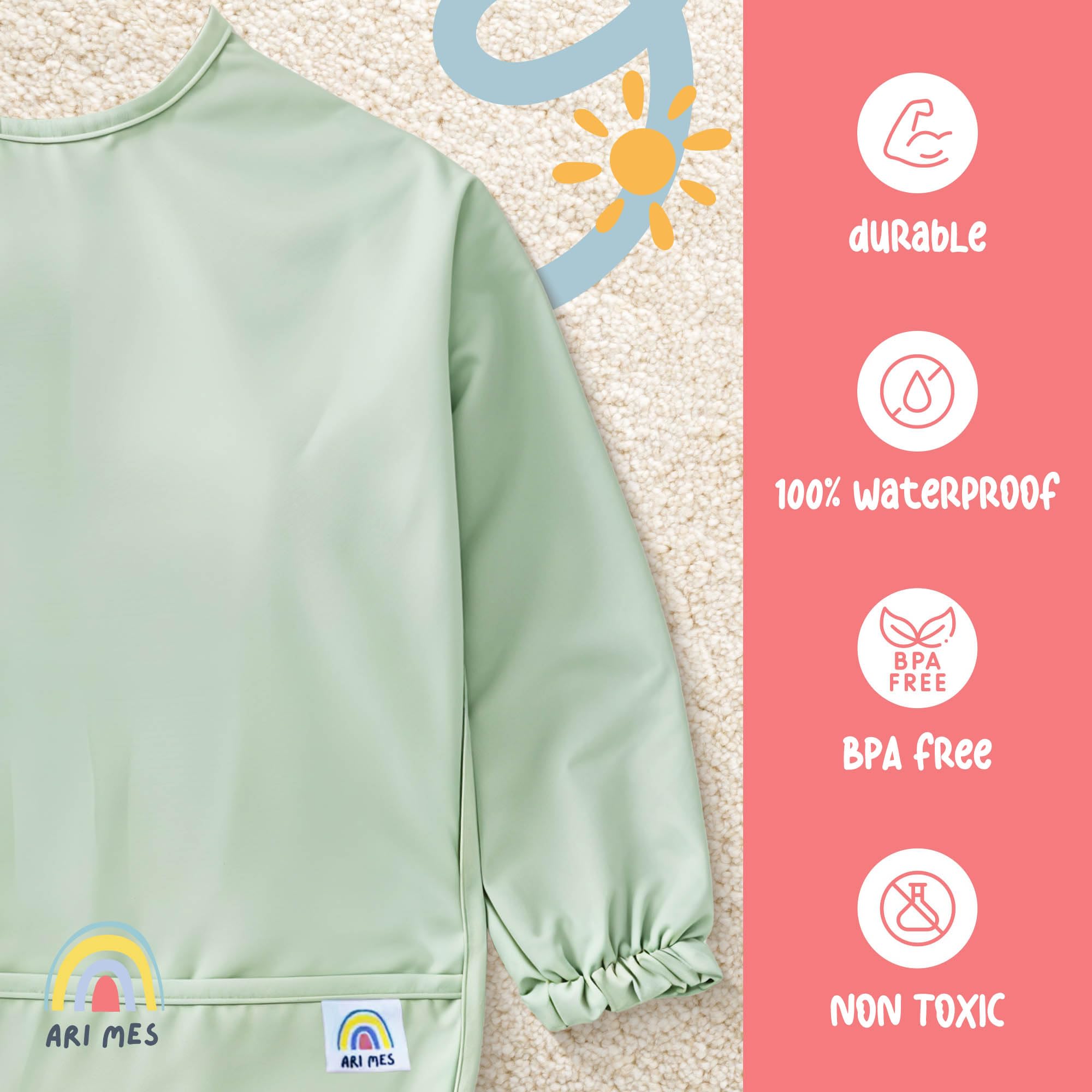 ARI MES easy-clean green bib shows quick-dry fabric after washing