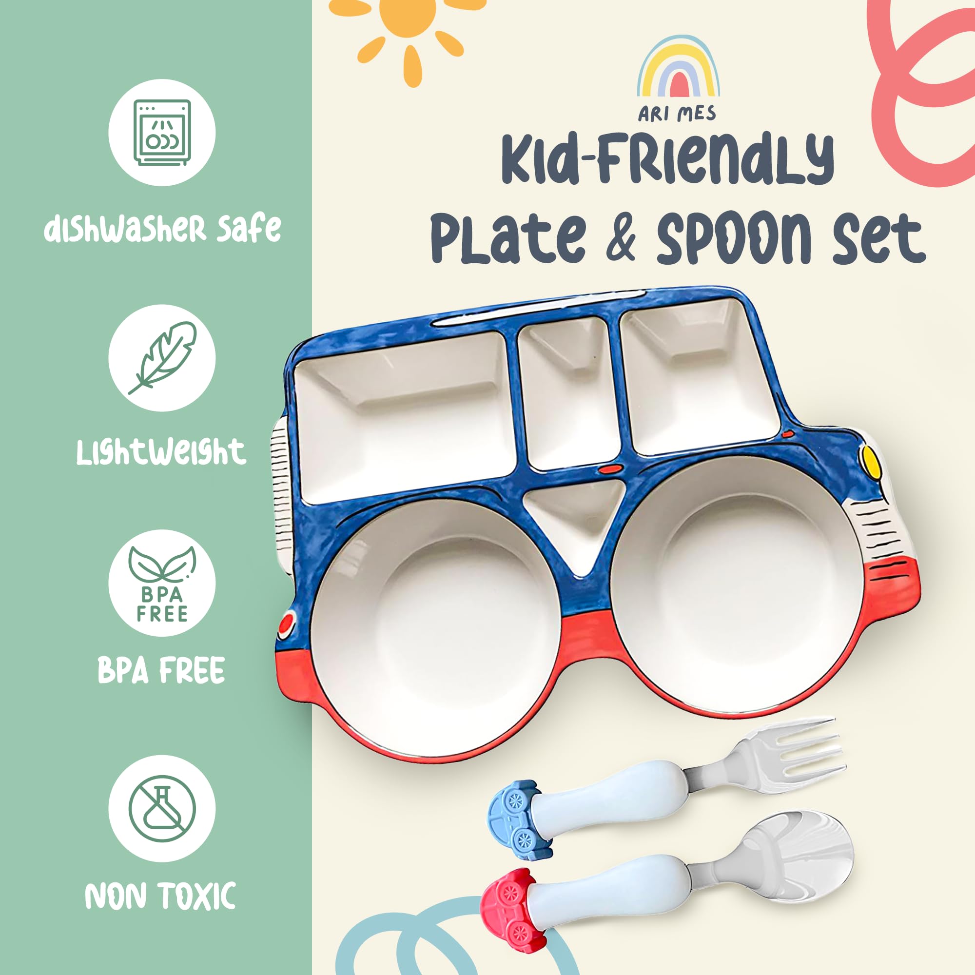 ARI MES spoon-and-fork set complements the car plate for a complete toddler dining experience