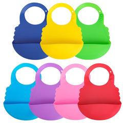 Aricsen silicone baby bib in blue with pocket helps keep mess to a minimum.