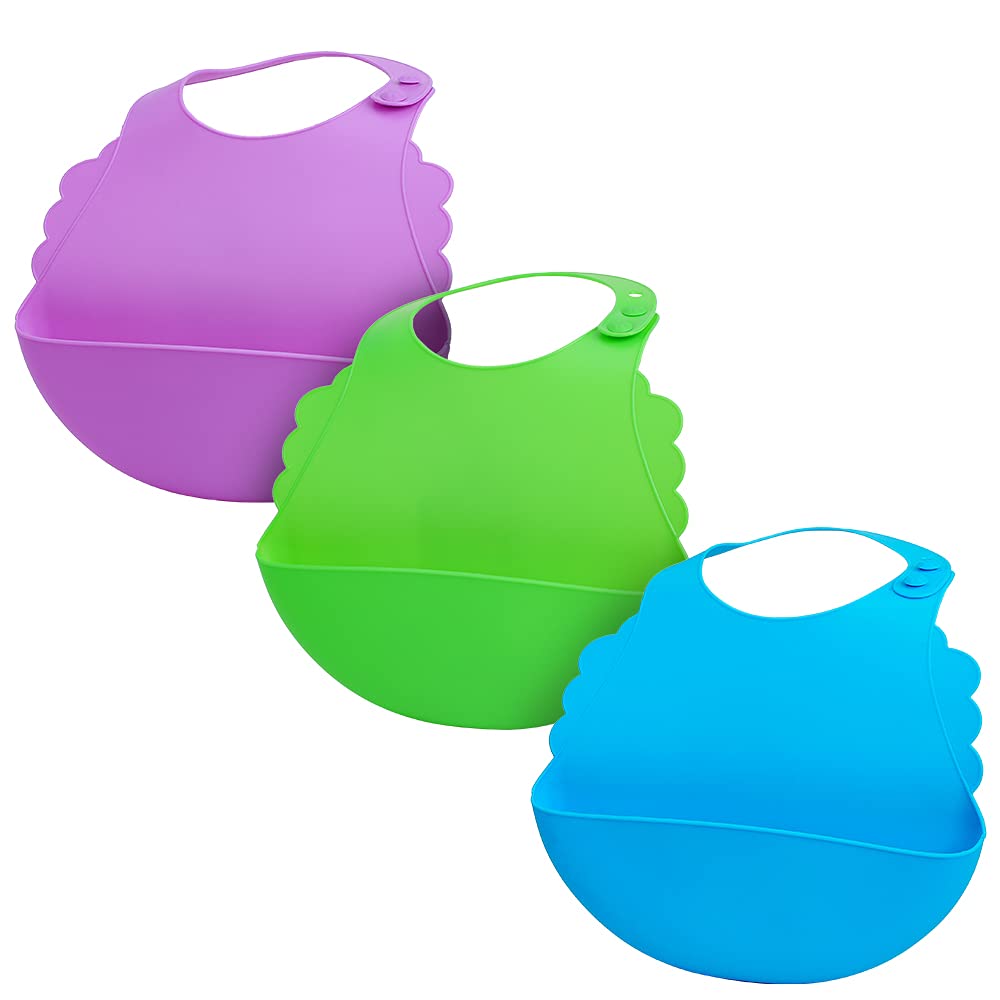 Aricsen silicone baby bib in pink includes a large catcher for tidier meals.