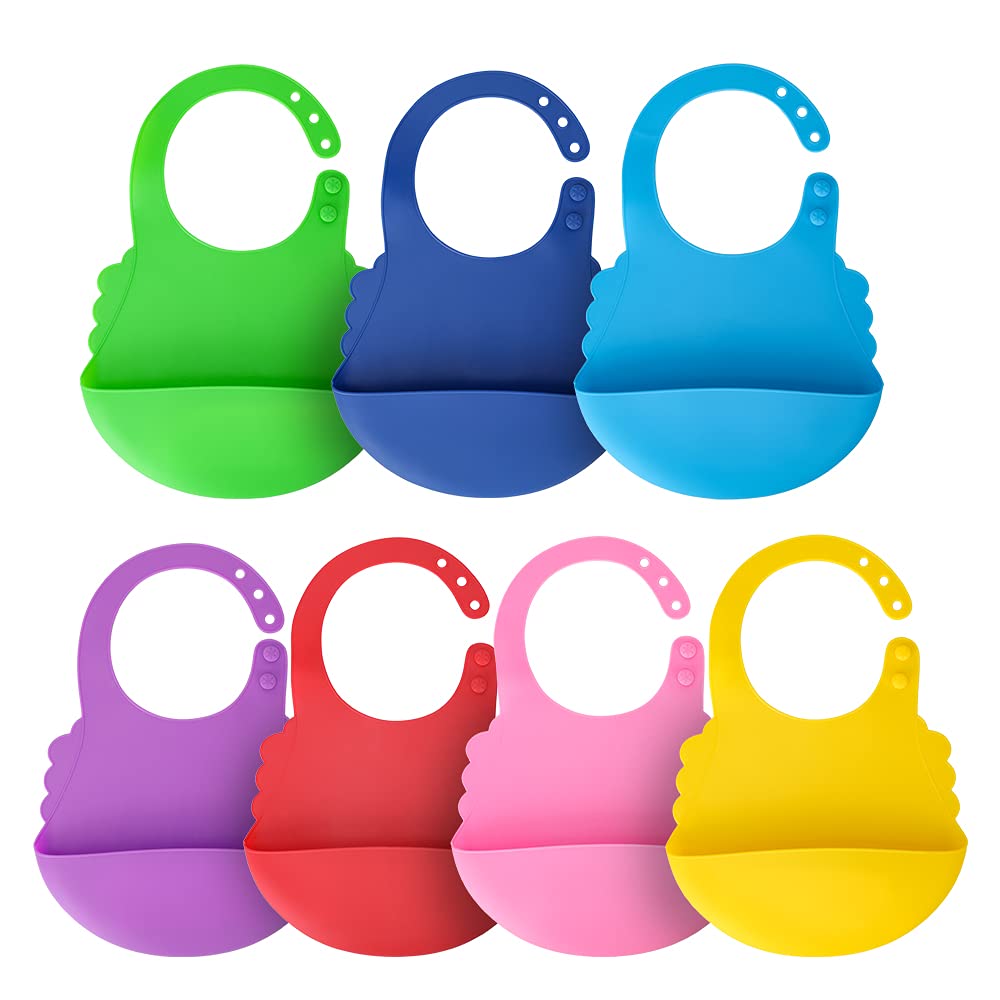Aricsen silicone baby bib in red with pocket to catch crumbs during meals.