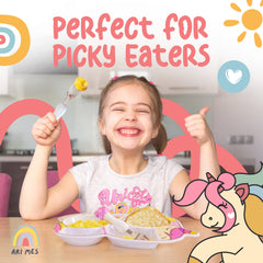 ARI MES unicorn spoon pairs with the plate to make mealtime engaging and easy.
