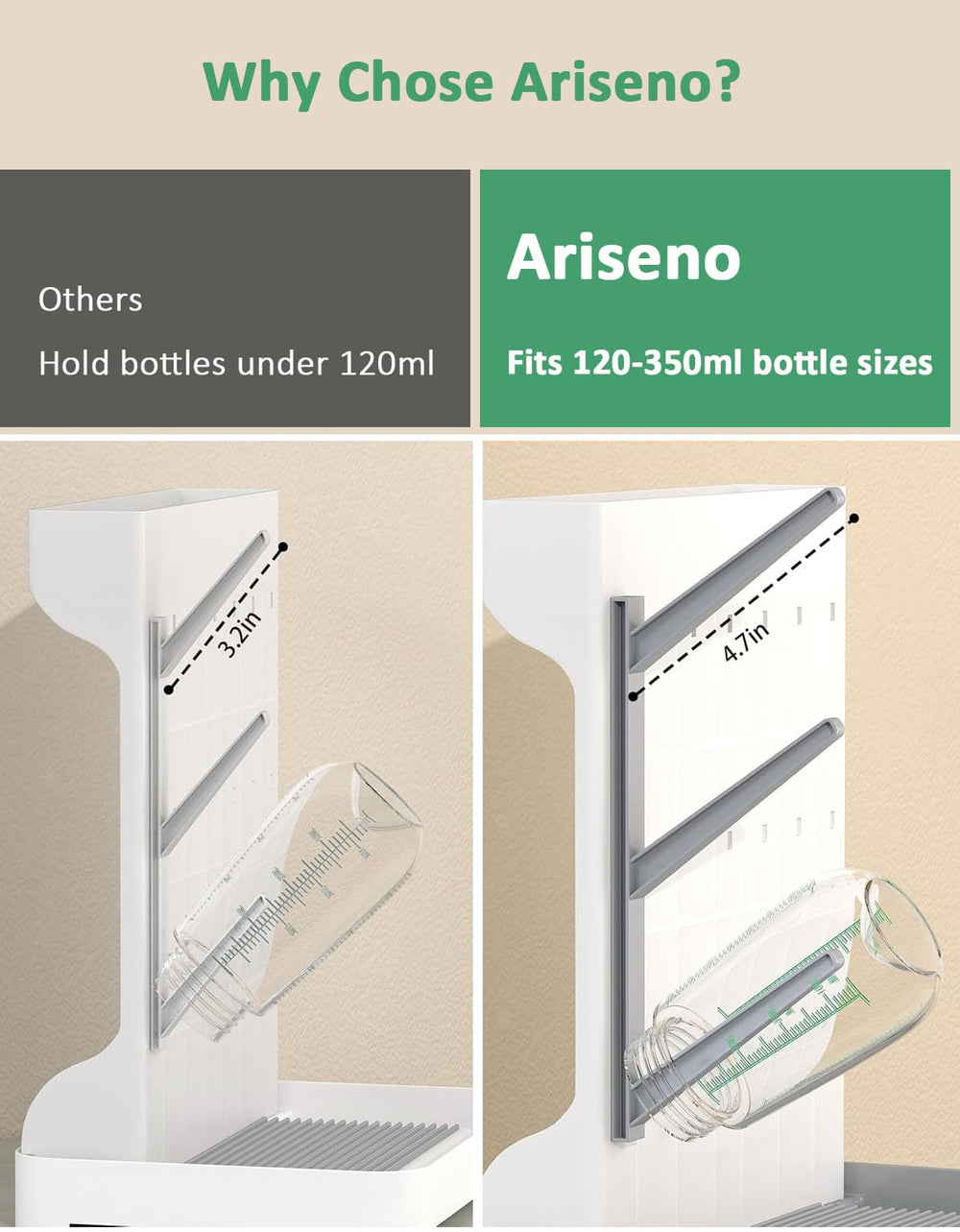 Ariseno drying rack brush grooves and adjustable pegs organize brushes and bottles.