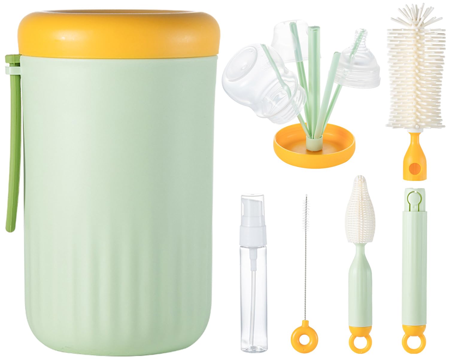 Ariseno travel bottle cleaner kit all-in-one setup demonstrates compact travel-friendly organization for busy parents.