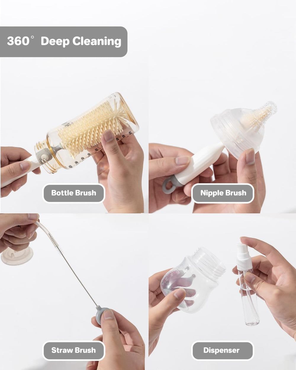 Ariseno travel bottle cleaner kit silicone brush heads detachable for safe sterilization and thorough cleaning.