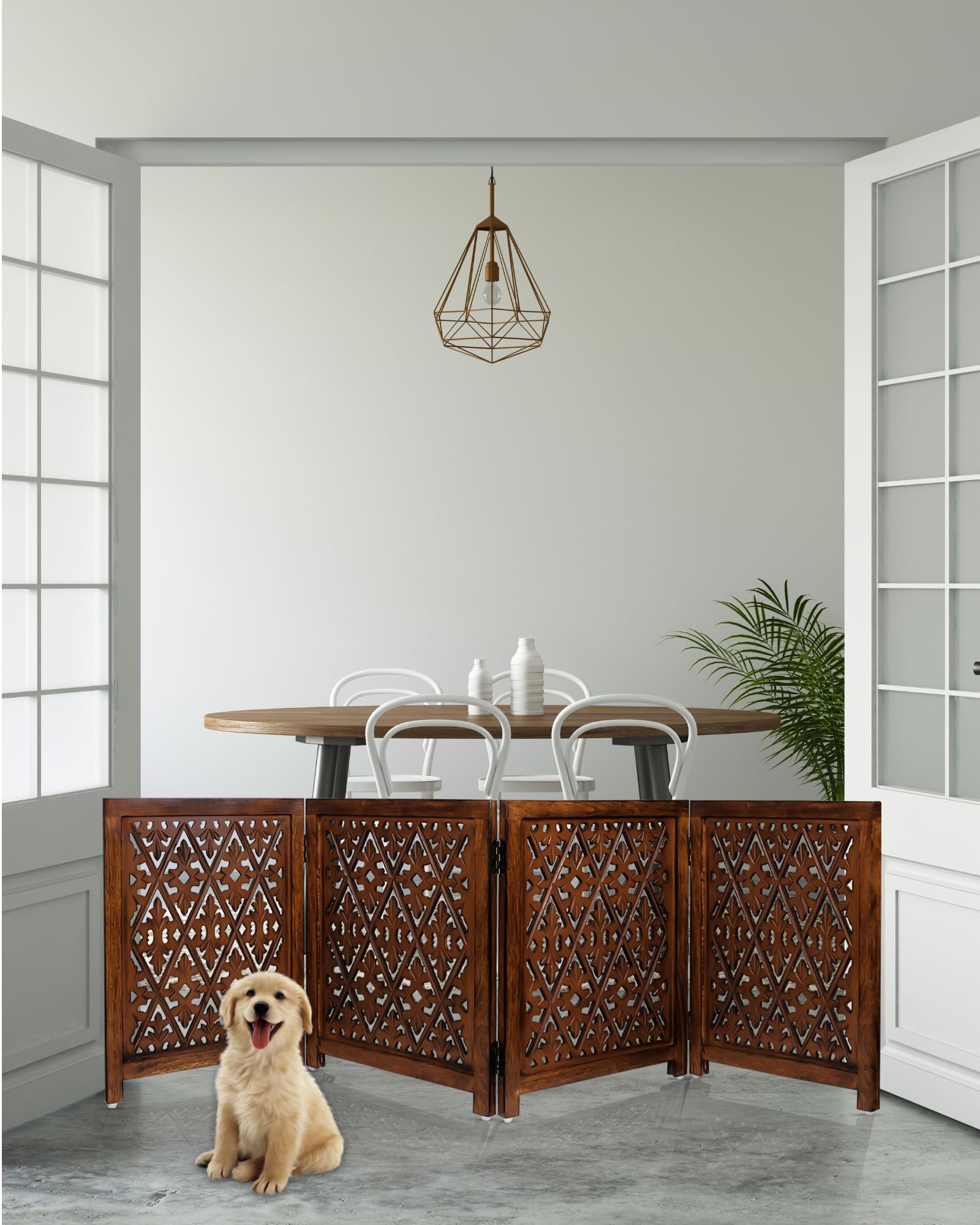 ARJORA Wooden Pet Gate ornate finish complements living room decor