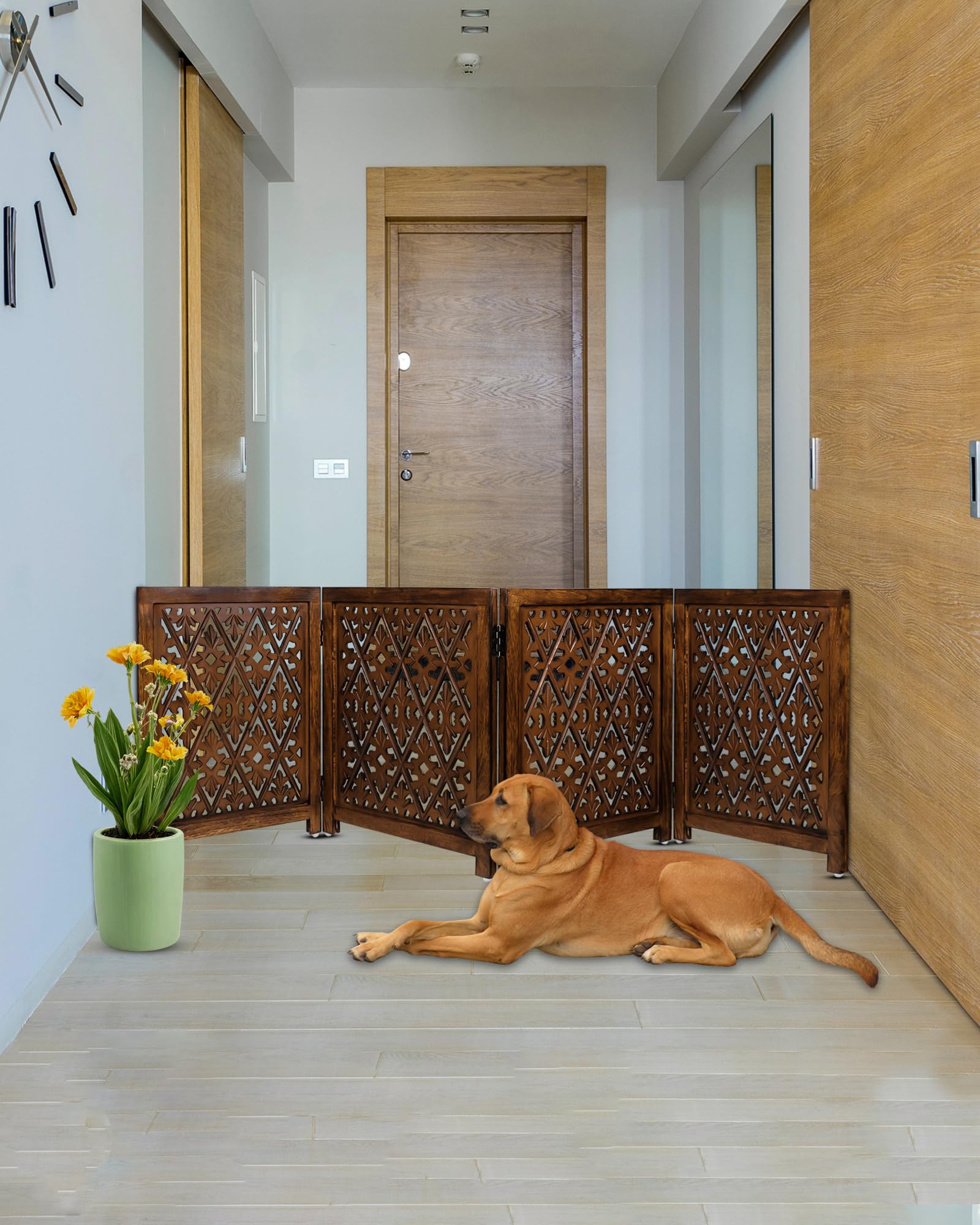 ARJORA Wooden Pet Gate panels unfolded to create flexible room divider