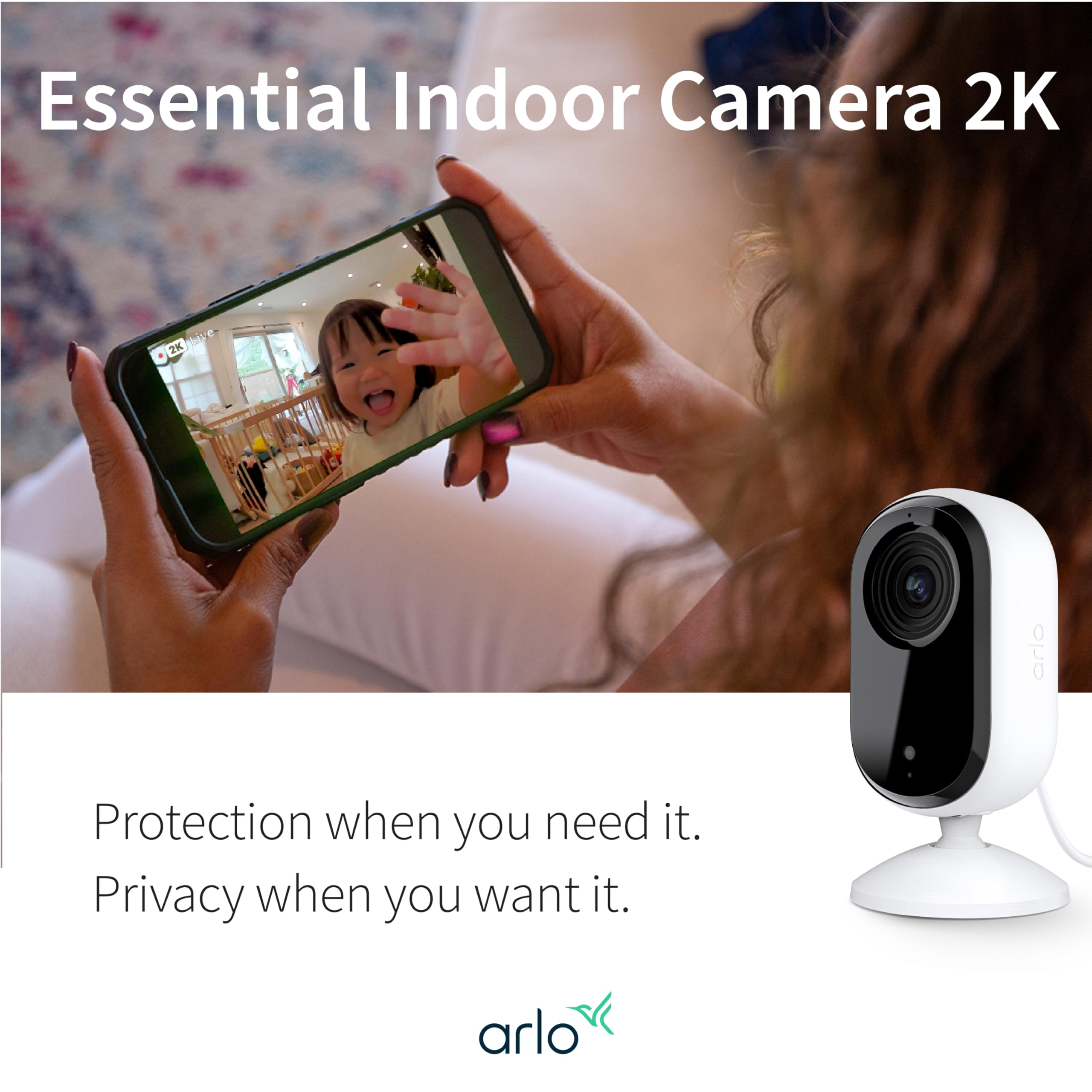 Arlo Essential 130-degree view captures wide rooms for comprehensive home monitoring.