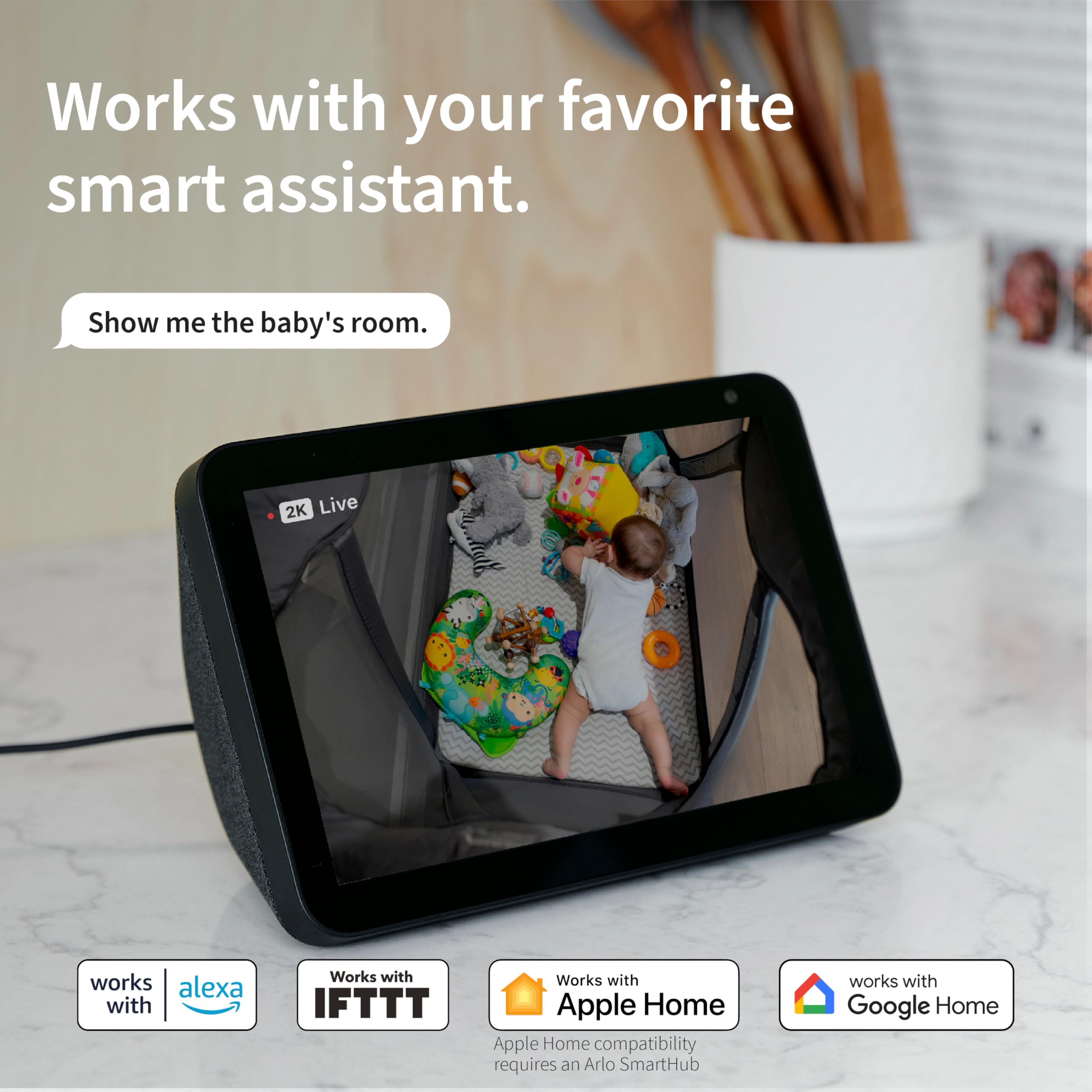 Arlo Essential 2-way audio enables real-time conversations with family or pets.