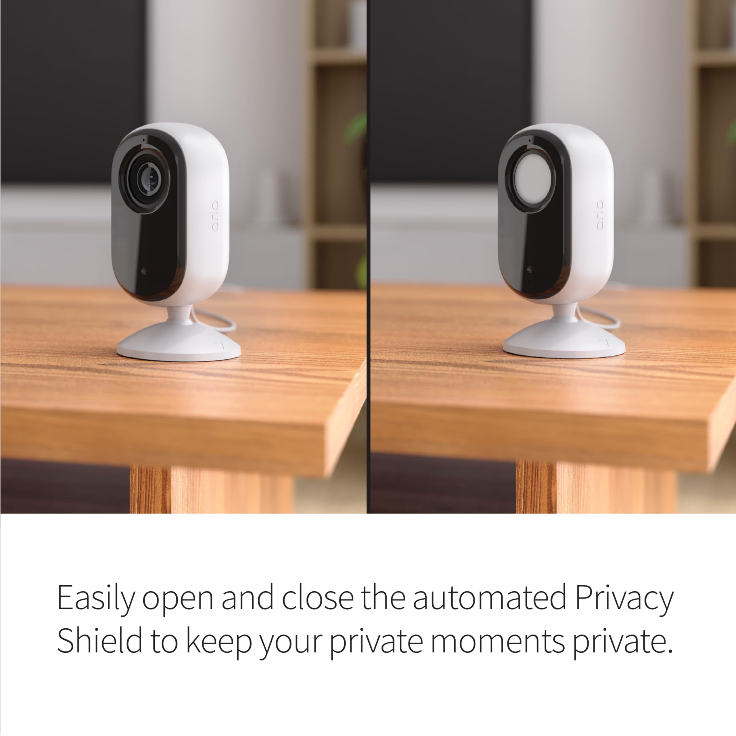 Arlo Essential Indoor Camera 2K privacy shield closes the lens for quick privacy moments.