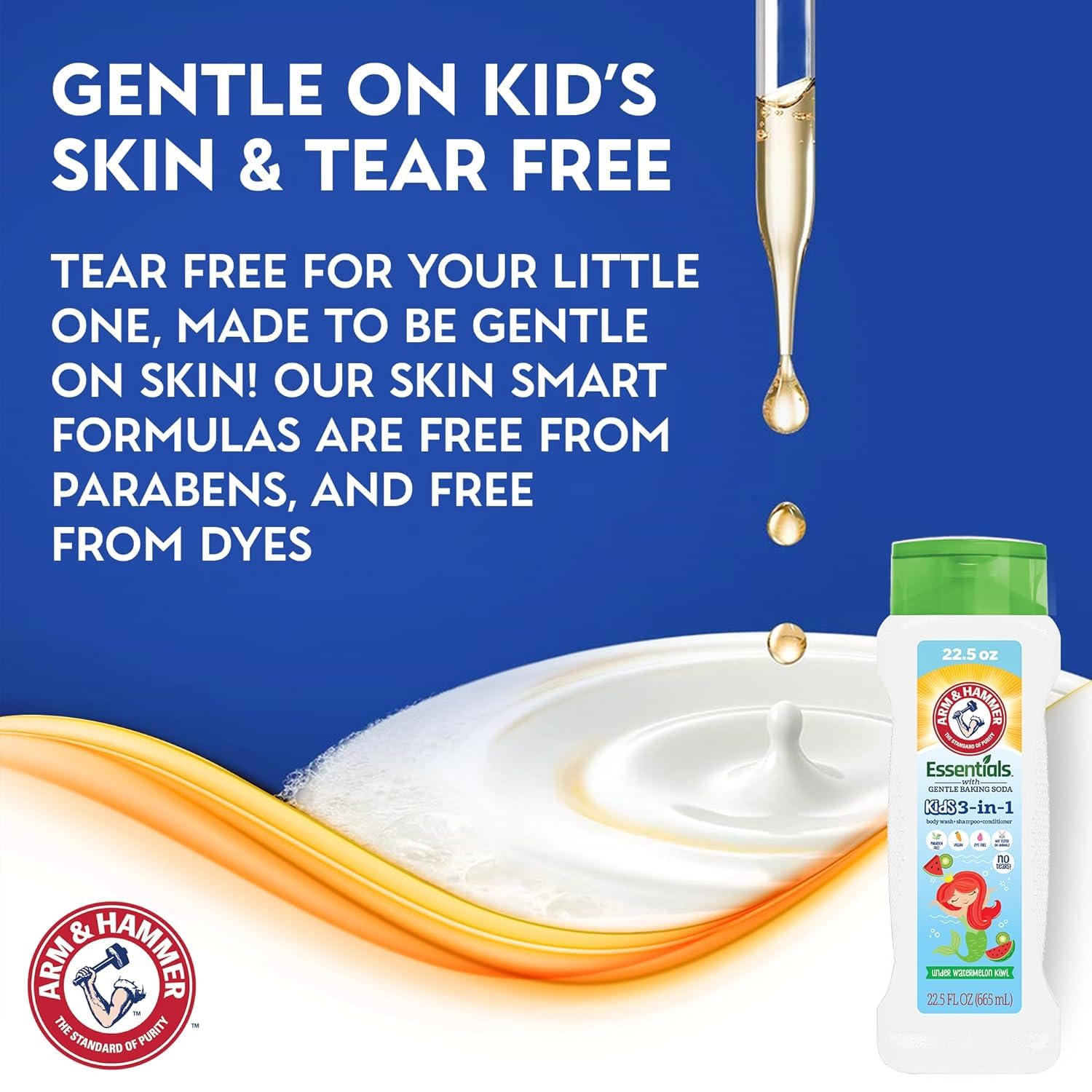 Arm & Hammer 6 Pack Essentials Kids Body Wash soothing lather during bath time.