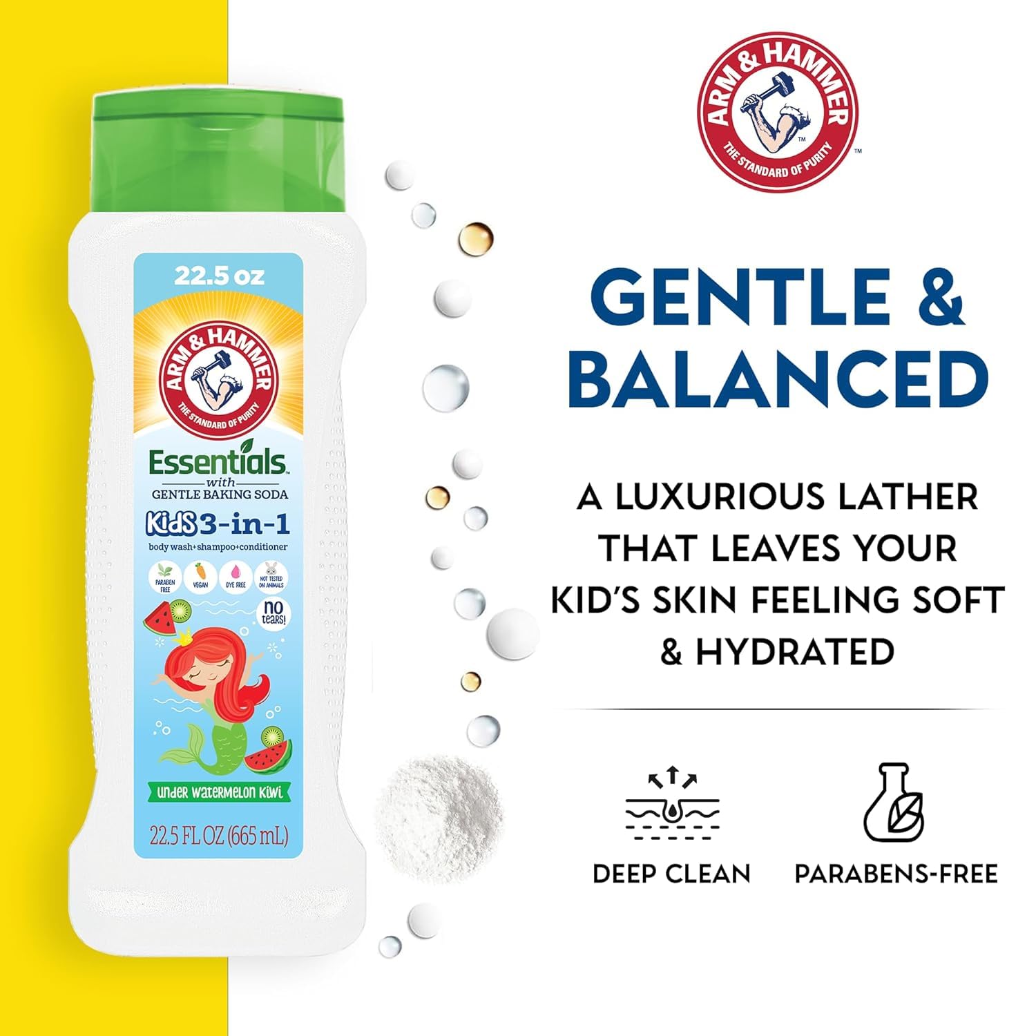 Arm & Hammer 6 Pack Essentials Kids Body Wash close-up label highlights vegan, non-toxic formula.