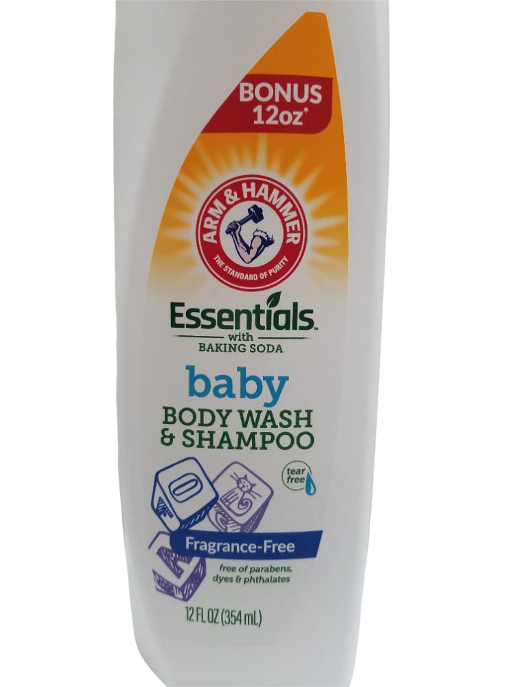 Arm & Hammer Essentials Baby Wash fragrance-free label close-up for sensitive skin.