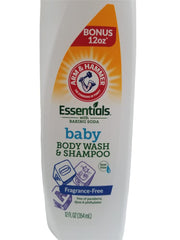 Arm & Hammer Essentials Baby Wash fragrance-free label close-up for sensitive skin.