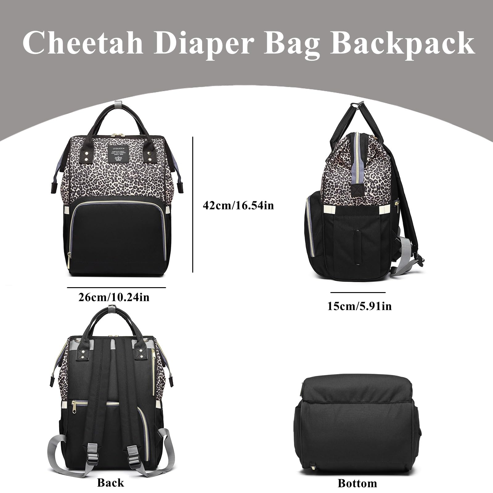 Armbq leopard diaper bag backpack back view showcases ergonomic comfort for long days out.