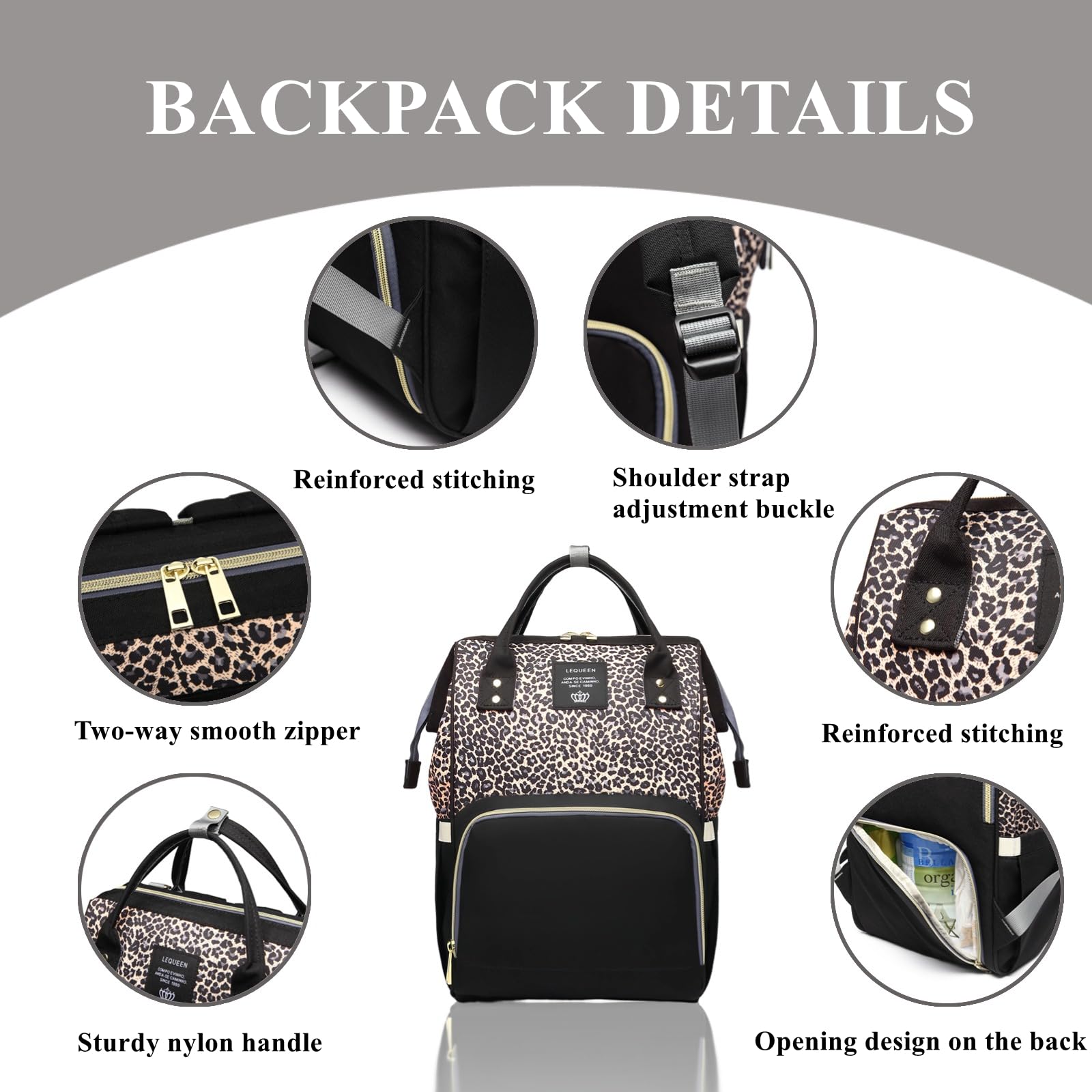 Armbq leopard diaper bag backpack insulated pockets keep drinks at correct temperature.