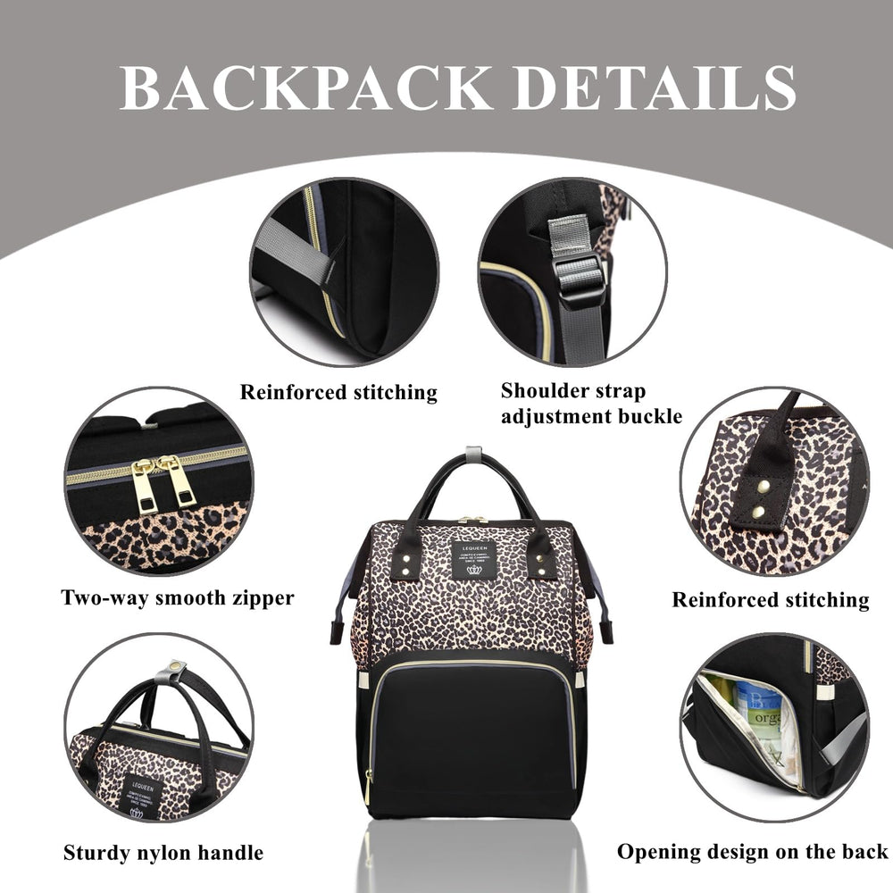 Armbq leopard diaper bag backpack insulated pockets keep drinks at correct temperature.